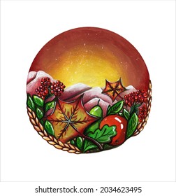 Autumn landscape with sunset in shades of red with mountains, apples, pears, rowan and oak and maple leaves. Hand-drawn illustration with gouache paint.