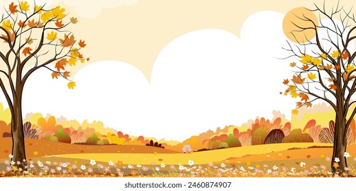 Paisaje otoñal con cielo amarillo al atardecer, nubes sobre el árbol forestal, Ilustración vectorial Anuncio de dibujos animados Naturaleza Naranja Follaje Campo rural en el campo con salida del sol