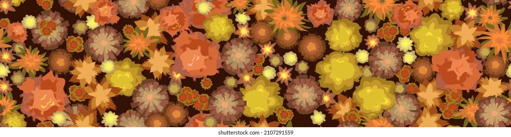 Autumn landscape top view. Scene with yellow and orange trees and bushes from height. Above countryside. Cartoon style illustration. Seamless pattern Vector.
