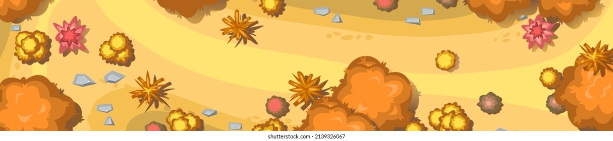 Autumn landscape top view. Scene with yellow and orange trees and bushes from height. Above countryside. Cartoon style illustration. Vector.