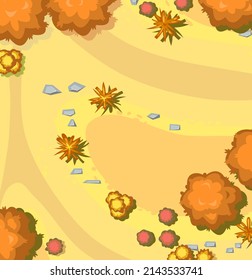 Autumn landscape top view. Scene with yellow and orange trees and bushes from height. Above countryside. Cartoon style illustration. Vector