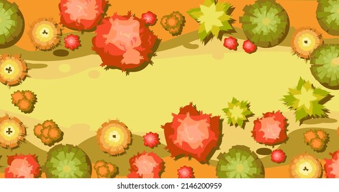 Autumn landscape top view. Scene with yellow and orange trees and bushes from height. Above countryside. Cartoon style illustration. Vector.