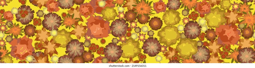 Autumn landscape top view. Scene with yellow and orange trees and bushes from height. Above countryside. Cartoon style illustration. Seamless pattern Vector.