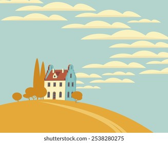 Autumn landscape with town house, yellowed trees on hill and clouds in the bright blue sky. Cartoon children's fall illustration. Decorative vector banner in flat style