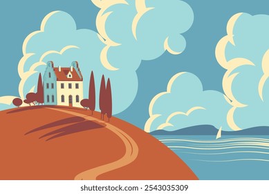 Autumn landscape with town house, yellowed trees on hill, sea, mountains and clouds in the bright blue sky. Cartoon children's fall illustration. Decorative vector banner in flat style