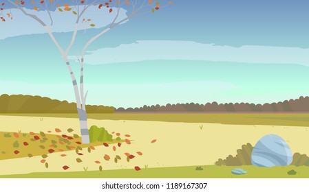 Autumn landscape with tree, fallen leaves and beautiful sky. Vector illustration made in cartoon style.