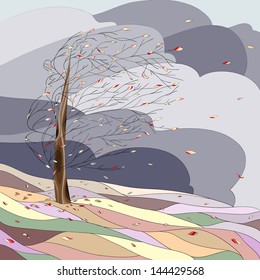 Autumn landscape with tree and falling leaves