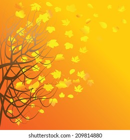 Autumn landscape with a tree and falling leaves