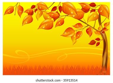 Autumn landscape with tree and grass in yellow colors, vector illustration