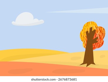 paisagem de outono com árvore , colinas, nuvem, céu azul 