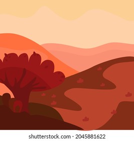 Autumn landscape with tree, hills and mountains