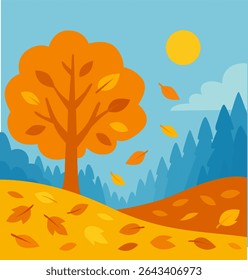 Autumn Landscape with Tree and Mountains – Fall Season Illustration