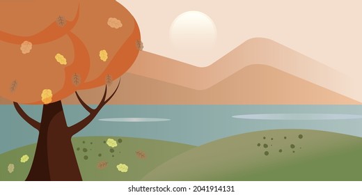 Paisaje otoñal árbol otoñal sobre el fondo de las montañas y el lago