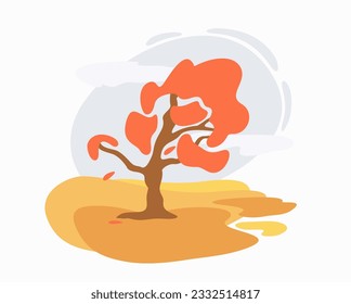 Autumn landscape. Tree with red leaves. Vector isolated illustration.