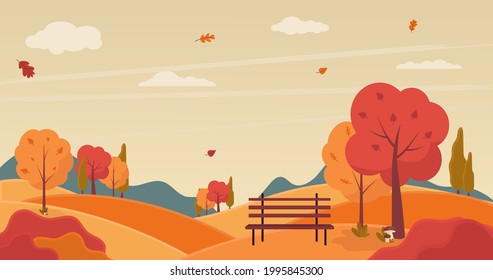 Paisaje otoñal con árboles y bancos. Ilustración del vector