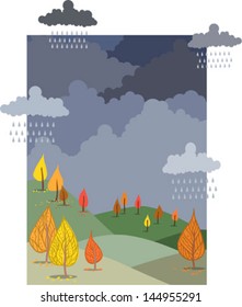 Autumn landscape with trees and clouds.