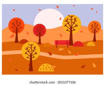 Autumn landscape. Trees with colorful yellow leaves. Autumn trees and bushes park, forest. Vector illustration flat style minimal