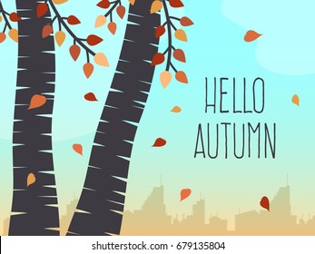 Autumn Landscape with Trees, Falling Leaves and Text. 