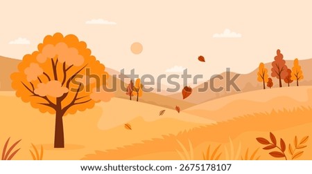 Autumn landscape with trees and falling leaves poster. Golden Seasonal Park Nature. Minimal flat fall horizontal background banner. Vector illustration. Not AI