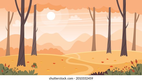 Autumn landscape with trees, fields and hills. Countryside landscape. Vector illustration in flat style