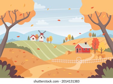 Paisaje otoñal con árboles, campos, casas y molino de viento. Paisaje rural. Ilustración vectorial en estilo plano