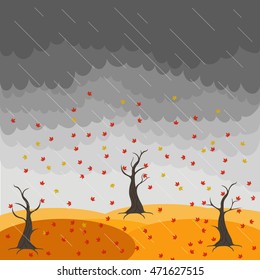 Autumn landscape with trees and fields. Leaf fall image. Wind. Clouds. Rain. Nature illustration