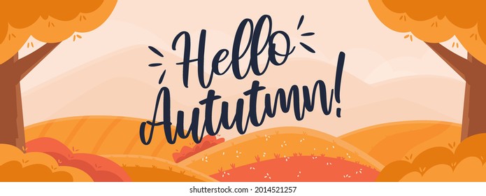 Autumn landscape with trees, hills and fields. Vector illustration.