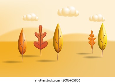 Autumn landscape trees leaves 3D yellow, red, brown, orange colors. Fall nature, clouds. Minimal 3d render plasticine, vector illustration banner, poster