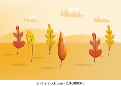 Autumn landscape trees leaves 3D yellow, red, brown, orange colors. Fall nature, clouds. Minimal 3d render plasticine, vector illustration banner, poster
