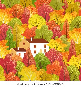 Autumn landscape with trees and leaves and village house. Background with cottage and  forest. Bright nature banner  with plants. Flat design. Template for seasonal greeting card.