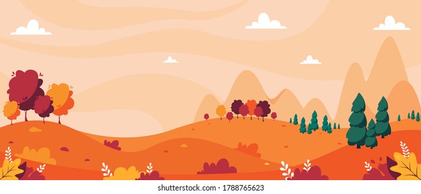 Autumn landscape with trees, mountains, fields, leaves. Countryside landscape. Autumn background. Vector illustration in flat style.