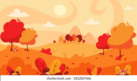 Autumn landscape with trees, mountains, fields, leaves. Countryside landscape. Autumn background.