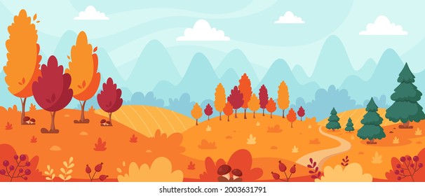 Autumn landscape with trees, mountains, fields, leaves. Countryside landscape. Autumn background. Vector illustration