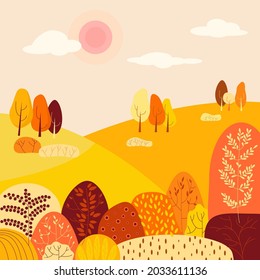 Paisaje otoñal con árboles, montañas, campos, hojas. Paisaje rural. Fondo otoñal. Ilustración vectorial en estilo plano.
