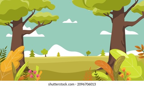 Autumn landscape with trees, mountains, fields, leaves. Countryside landscape. Autumn background. Vector illustration