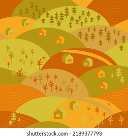 Autumn landscape with trees, mountains, fields, houses. Rural landscape. Autumn background. Vector illustration