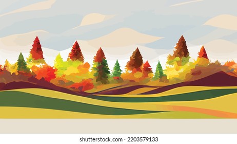 paisaje otoñal con campos de montaña arbolados