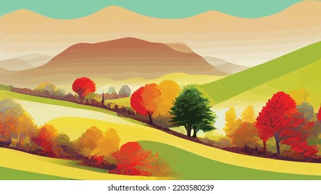 autumn landscape with trees mountains fields