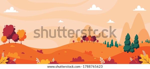 木 山 野 葉の秋の風景 田舎の風景 秋の背景 フラットスタイルのベクターイラスト のベクター画像素材 ロイヤリティフリー