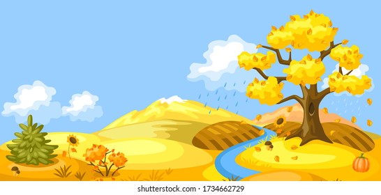 Autumn landscape with trees, mountains and hills. Seasonal nature illustration.