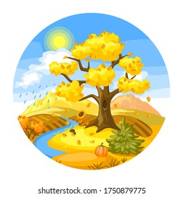 Autumn landscape with trees, mountains and hills. Seasonal nature illustration.