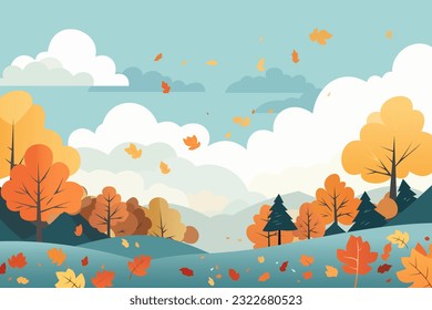 Paisaje otoñal con árboles, montañas, colinas, campos, hojas. Hojas de otoño. Hermoso paisaje rural. Fondo otoñal. Ilustración del vector