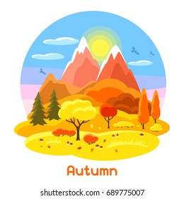 Autumn landscape with trees, mountains and hills. Seasonal illustration.