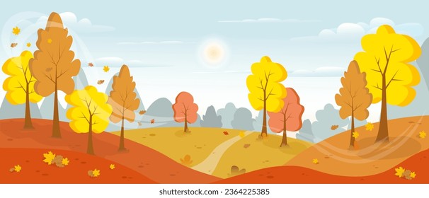 Paisaje otoñal con árboles, montañas, hojas. Fondo otoñal. Parque de la ciudad del otoño. Ilustración del vector