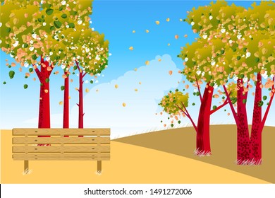 Autumn landscape with trees in the park and a bench. Vector illustration.