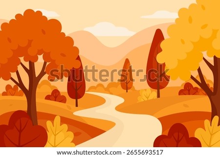 Autumn landscape with trees and path in flat style. Fall nature background. Vector illustration.