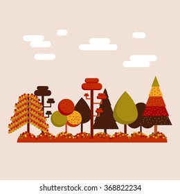 Autumn landscape with trees and pines. Autumn trees. Flat design.