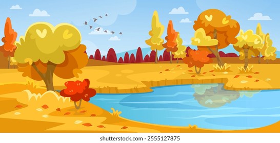 Autumn landscape with trees and a pond in warm colors. Vector illustration