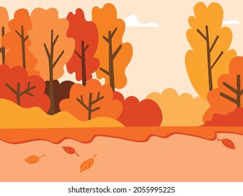 Paisaje otoñal con árboles, cielo y hojas caídas. Otoño, paisaje para postales