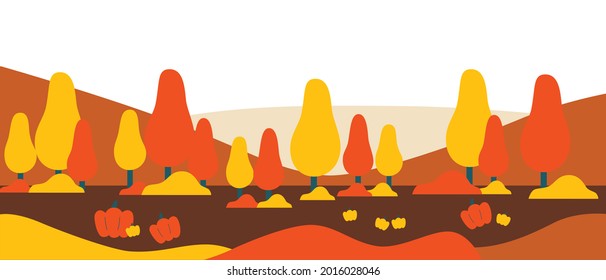 Autumn landscape with trees. Vector illustration in simple minimal flat style. Abstract horizontal banner and background with copy space for text. Header images for websites, covers.